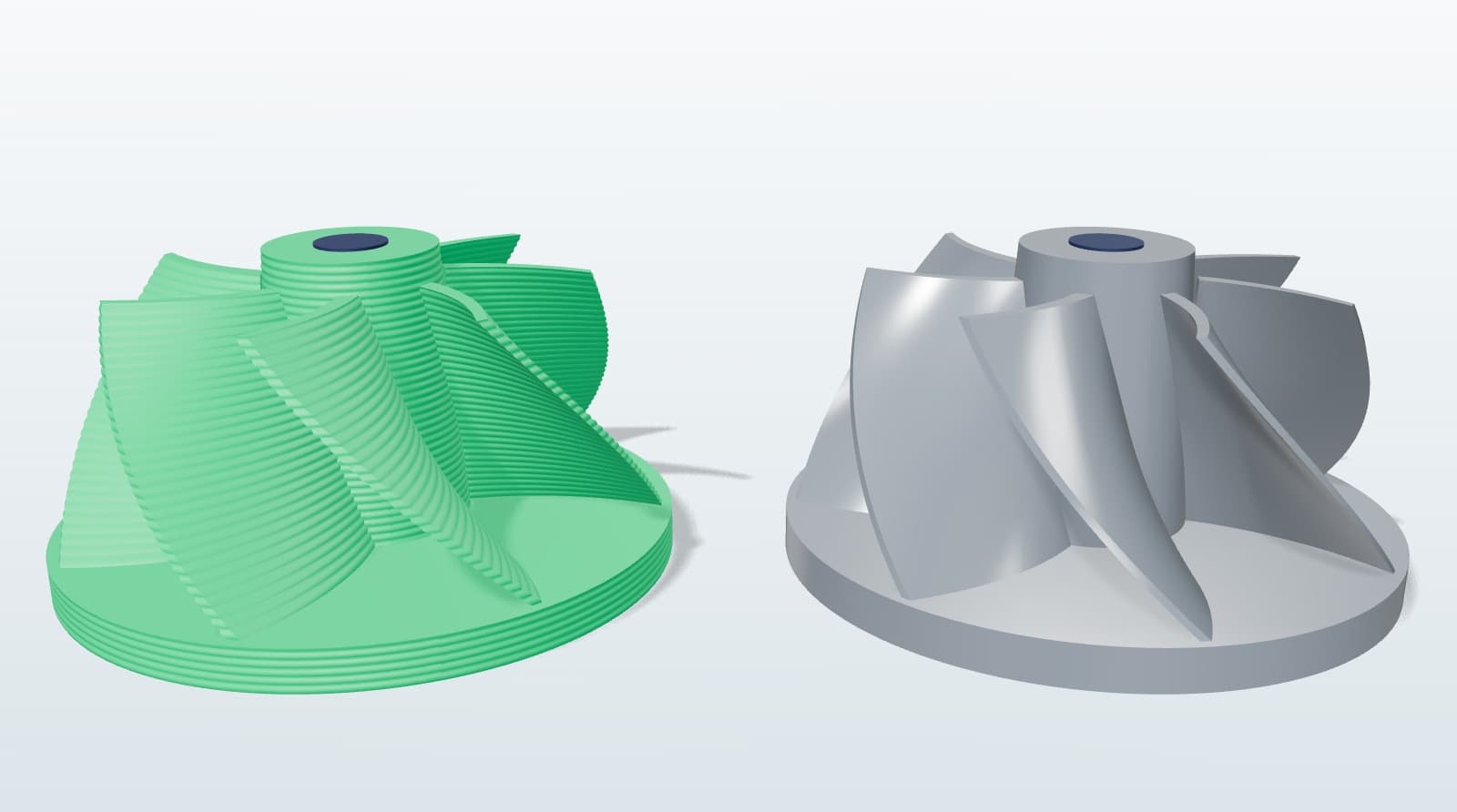 Two versions of the same propeller: FDM with visible layer lines and SLA with a smooth surface