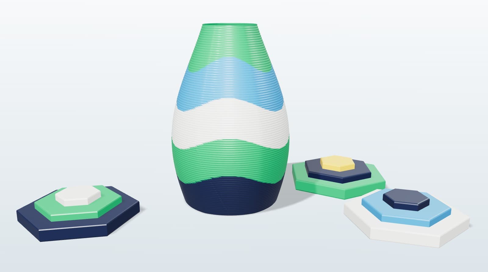 A striped vase and hexagonal parts printed in multiple colors in one go