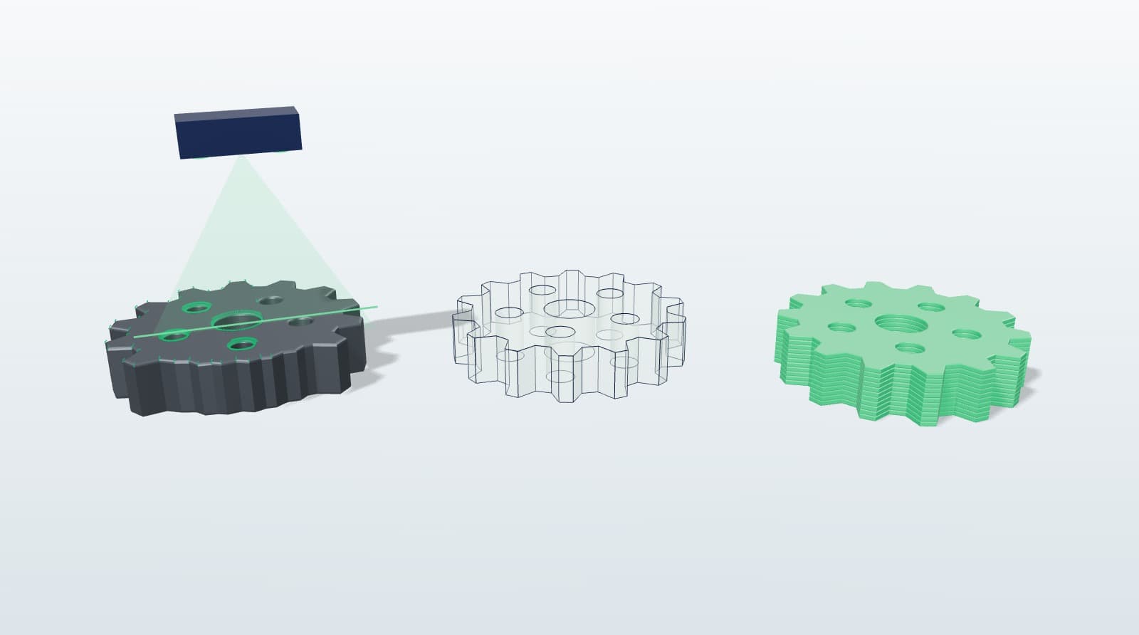 A broken gear being 3D scanned, its dimensioned CAD model and the newly produced gear